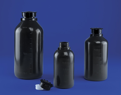 Flacon gradué col étroit PE a/caps.plomb.250ml