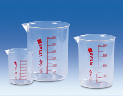 Vaso forma baja, 600 mL, graduación roja, en PMP, VITLAB