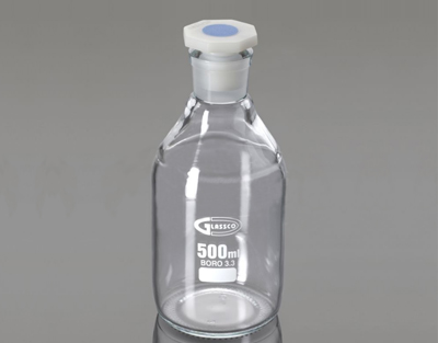 REAGENT BOTTLE, CLEAR GLASS, NARROW MOUTH, WITH PP STOPPER, CAPACITY 500 ML, N/S 24/29