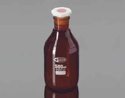 REAGENT BOTTLE, AMBER GLASS, NARROW MOUTH, WITH PP STOPPER, CAPACITY 250 ML, N/S 19/26