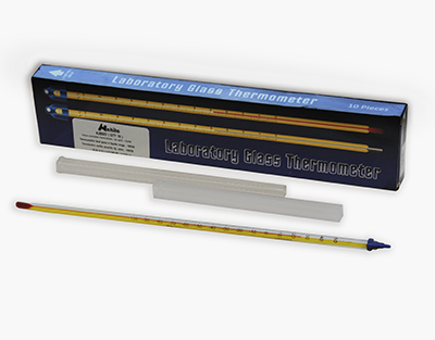 Thermomètre fond jaune à liquide rouge, -100/50, avec certificat de lot