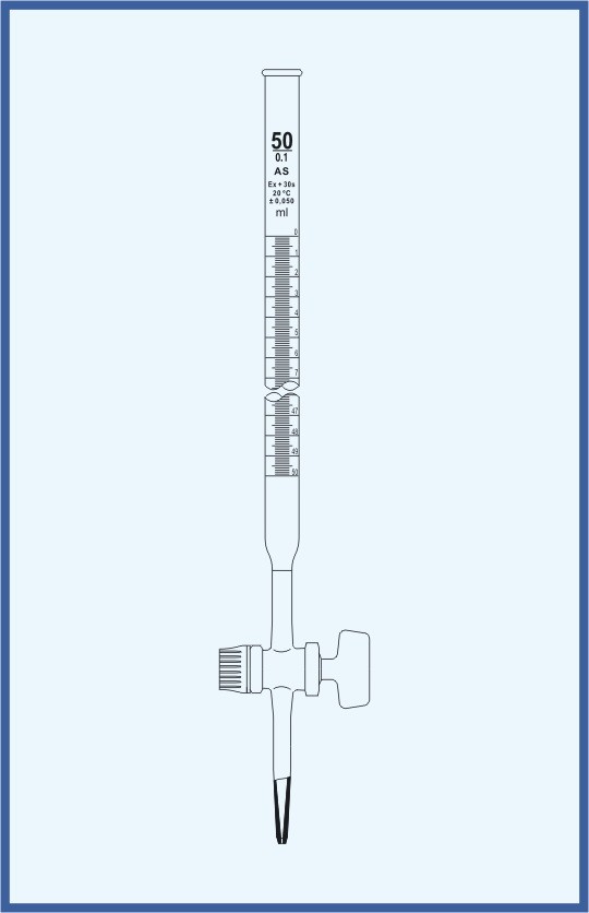 Bureta MOHR A PTFE llave PTFE, 25ml1/10 44cm