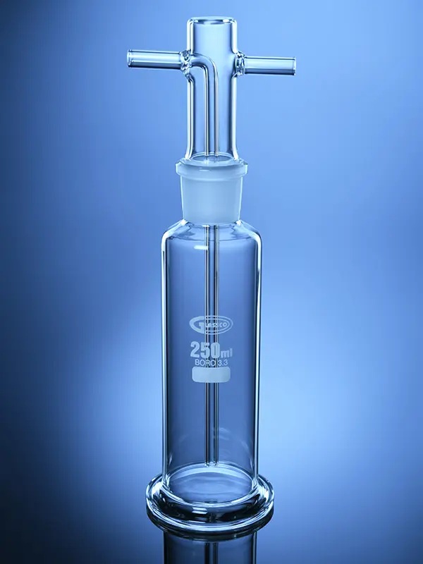 FLACON LAVEUR DE GAZ complet, AVEC TÊTE, 500 ML, 29/32 GLASSCO