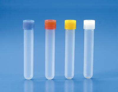 Tube à essai PP f. rond b/vis, 13 ml b/1000 rouge