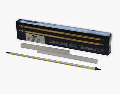Thermomètre fond jaune liq. couleur , -10/200, avec certificat de lot