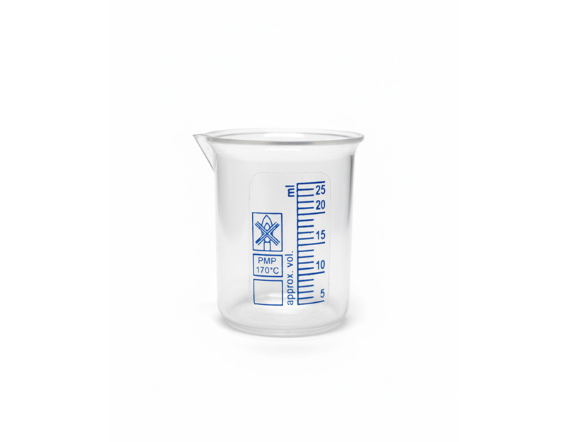 Beaker low form, blue graduation, PMP, 25 ml