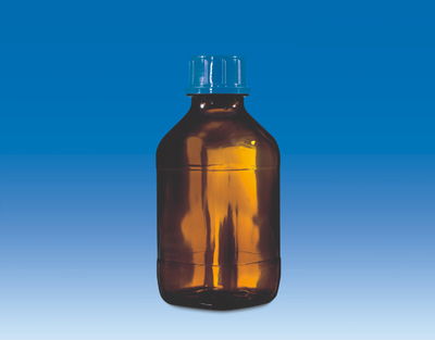 Botella rectangular vidrio revestido, 100 mL, GL28, ámbar
