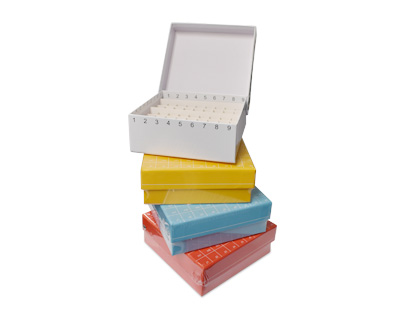 Cardboard cryo box for 81 vials of 2mL, yellow, hinged lid