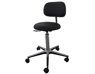 Stool with aluminum foot jack, black seat, 5 wheels, with backrest